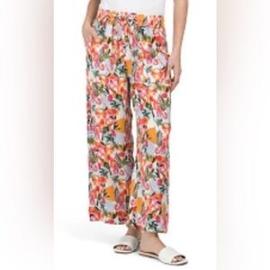 Like New C&C 100% Linen Tropical Floral Print Women's Wide Leg Ankle Crop Pants